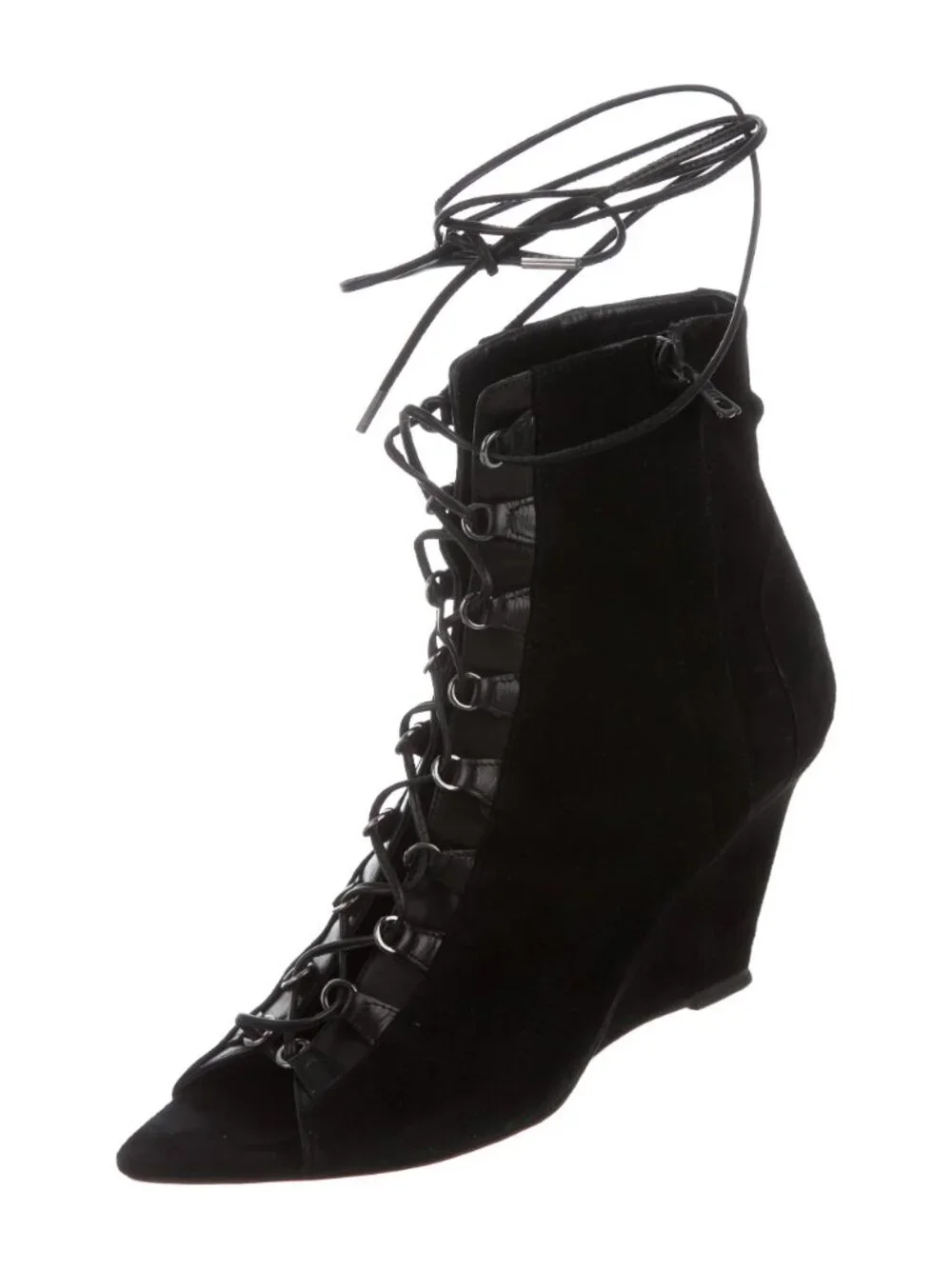 Narciso Rodriguez Black Suede Peep Toe Corset Lace Up Wedge Booties Size 8